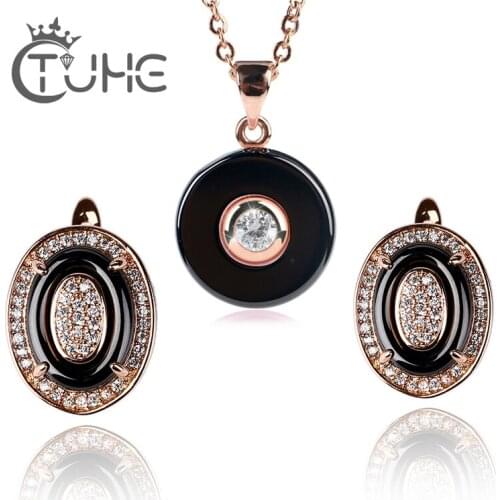 2018 Fashion Rose Gold Cubic Zirconia Jewelry Set Bright Black Healthy Ceramic Necklace Stud Earrings Jewelry Sets for women