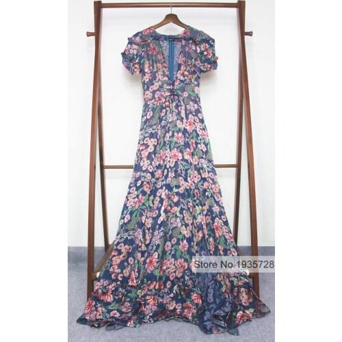 ElfStyle Women Slik Floral Print Maxi Dress Front Lace Up Features With Peep Hole & Side Vents - Ladies Casual Long Dress