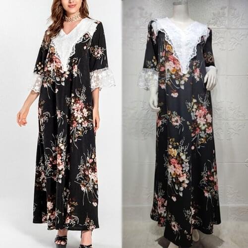 2021 Lace Patchwork Ethnic Print Floral Black Maxi Dress for Women Summer Moroccan Turkey Arabic Oman Robe V Neck Long Sleeve