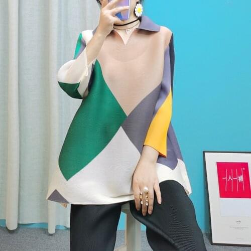 Miyake Pleated 2021 Autumn Geometric Print Dress Turn-down Collar Short Green Dress