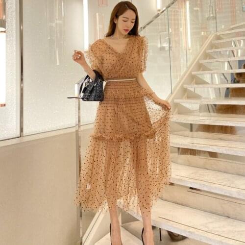 Fashion French Vintage Princess Sleeve Long Party Dress Ladies Elegant Coffee Break Robe Casual Dot Mesh Beach Vacation Dress