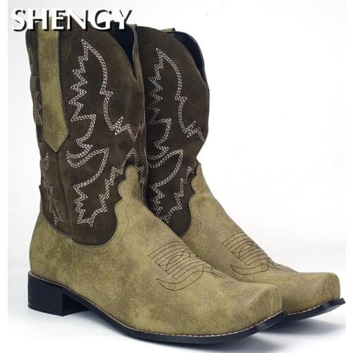 2020 Mens Vintage Boots Square Toe Outdoor Cowboy Boots Men Mid Calf PU Leather Motorcycle Casual Shoes Embroidery Male Boots