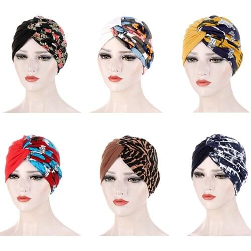 2021 New Muslim Turban Caps Twist Knotted Turban Hijab Bonnet Flower Print Women Indian Hat Summer cross Turban femme Headbands