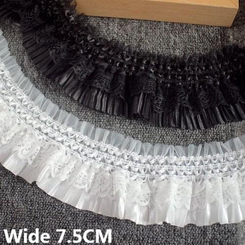 7.5CM Wide White Black Satin Pleated Chiffon Fabric Embroidery Lace Collar Ribbon Elastic Ruffle Trim Wedding Dress Sewing Decor