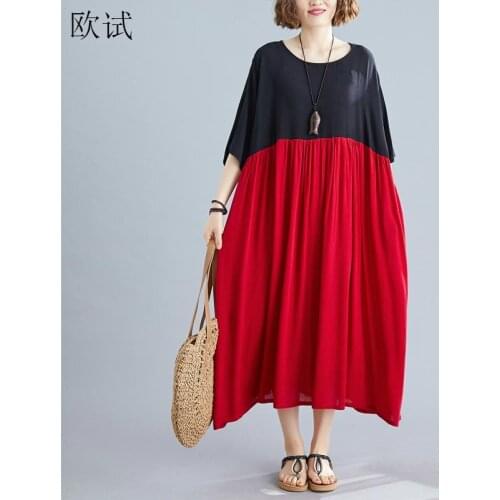 Plus Size Dresses for Women 4xl 5xl 6xl Summer Oversized Cotton Long Dress Black Red Patchwork Dress Robe Femme 2020 New Arrival