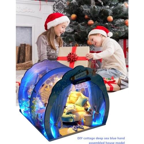 DIY Childrens Tent Deep Sea Blue Hand-assembled To Make House Model Portable Play House Mini Doll House With Furniture