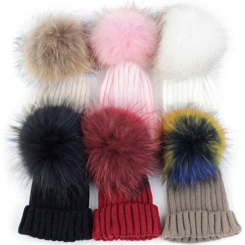 Real Fur Pompom Children Beanie Winter Beanies Kids Warm Baby Girls Boys Cotton Unisex Hat Ribbed Cap Solid Color