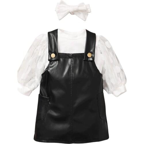 Infant Kids Baby Girl Tops, Skirt Suit, Long Bubble Sleeve Round Neck Blouse Leather Skirt with Side Pockets 1-5T