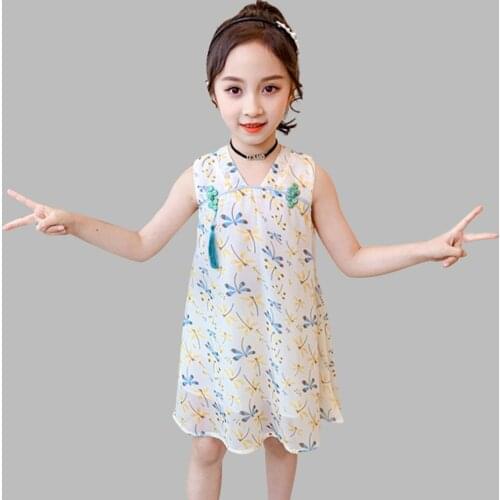 Girl Summer Dress Floral Print Party Dress For Kids Girl Sleeveless Dress For Kids Chinese Style Clothes For Girls