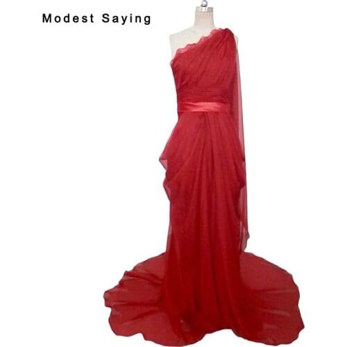 Elegant Red Mermaid One Shoulder Lace Ruffled Evening Dresses 2017 Chapel Train Formal Women Engagement Party Prom Gowns YE16