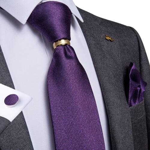 Mens Neckite Purple Solid Silk Wedding Tie For Men Bussiness Party Hanky Cufflinks Ring Tie Set DiBanGu New Designer JZ02-7137