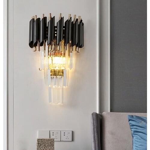 Jmzm Crystal Wall Light Black Modern Minimalist Bedroom Bedside Wall Lamp Crystal Living room Background LED Wall Lamp
