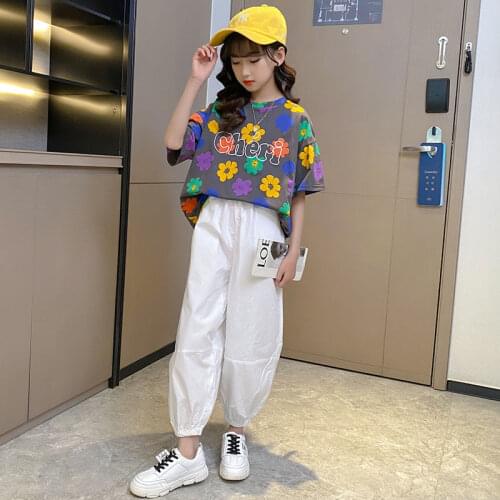 Girls Clothes Sets Summer Teenagers Short Sleeve Shirt Top+ Pants Suits Kids Clothing Printed Children Clothes