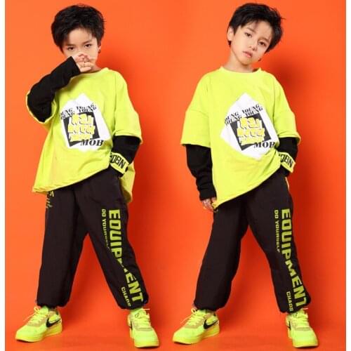 Children Hip Hop Jazz Dance Costume Green Street Dance Suit Boys Korean Loose Clothes Modern Performance Clothing for Girls