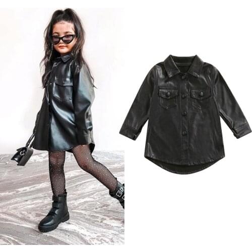 Fashion Kids Girls Autumn Winter Dress Coat, Long Sleeve Lapel Collar Buttoned Thigh Long Leather Outerwear with Pocket 2-7Years