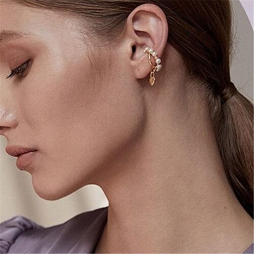 2021 New Fashion Temperament Pearl Clip Earrings For Women Heart Tassel Without Piercing Vintage Ear Cuff Girls Jewerly Gifts