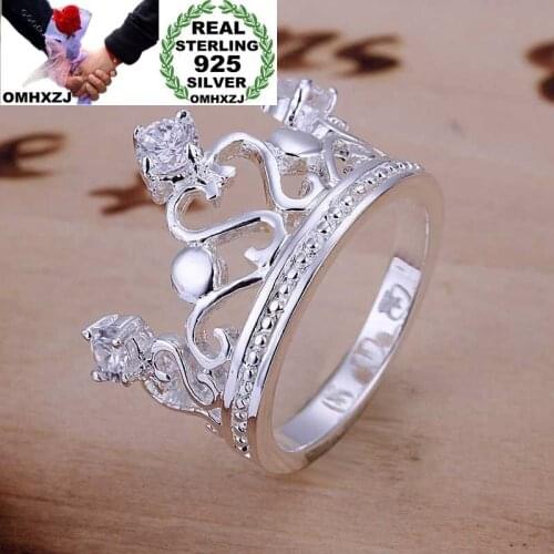 OMHXZJ Wholesale European Fashion Woman Girl Party Wedding Gift White Hollow Crown AAA Zircon 925 Sterling Silver Ring RR200