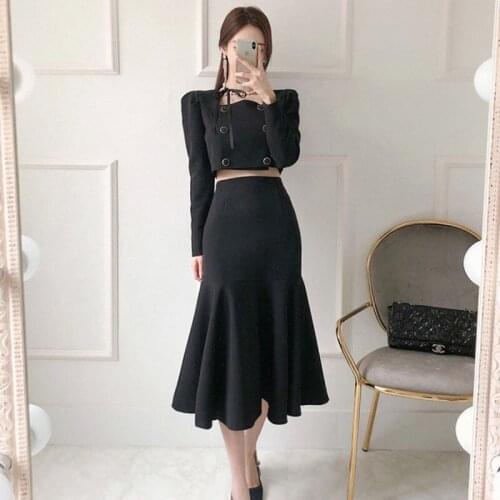 Autumn 2 Piece Set Women Solid Square Collar Long Sleeve Double Breasted Coat&High Waist Mermaid Skirt Elegant Ensemble Suit