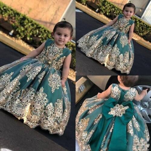 New Princess Toddler Girls Pageant Dresses Jewel Neck Gold Lace Appliques Beaded With Big Bow Flower Girl Dresses Kids Party Bir