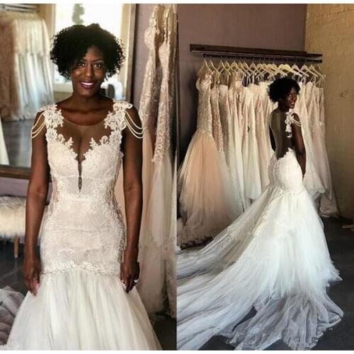 African Nigerian Plus Size mermaid Wedding Dresses lace Beading Tiered cap Sleeves Chapel Train Tulle sexy Bridal Gowns