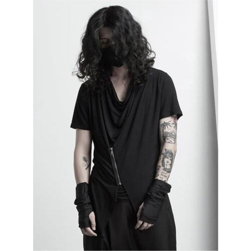 Dark black trendy male fake two-piece short-sleeved T-shirts breathable fashion personality original design slim slimming