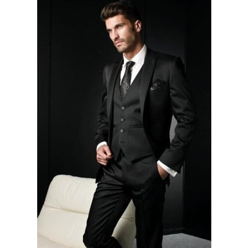 High Quality One Button Black Groom Tuxedos Peak Lapel Groomsmen Mens Wedding Prom Suits (Jacket+Pants+Vest+Tie) NO:95