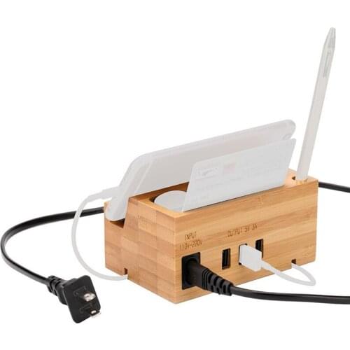 3 USB Charger Station Phone Holder For iPhone Samsung Xiaomi Charging Dock Station Bamboo Wood Charger Holder for Smartphone