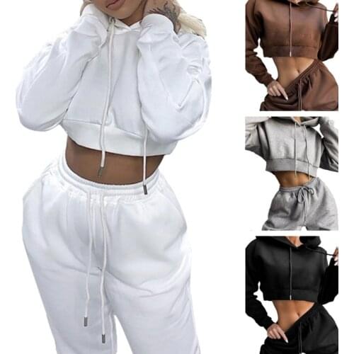 Women 2 Piece Outfit Long Sleeve Cropped Hoodies Sweatshirt Drawstring Jogger Pants Solid Color Loose Sport Tracksuit