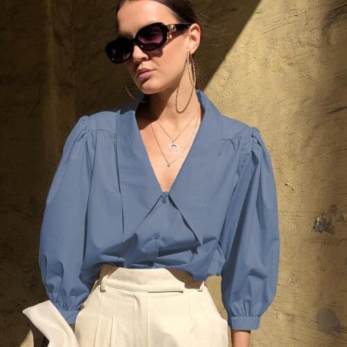 Women Office Lady Front Button Blouse Lantern Sleeve Sexy V neck Solid High Street Shirt 2021 Summer Fashion