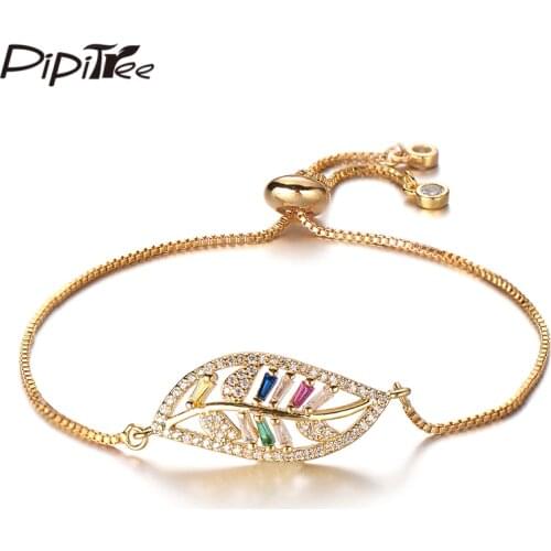Pipitree Delicate Princess CZ Zircon Jewelry Plant Leaf Charm Bracelet Femme Bridal Wedding Adjustable Chain Bracelets for Women