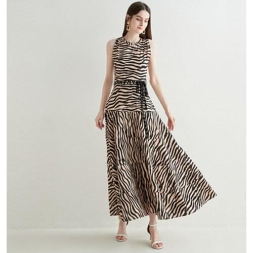 Women Summer Long Dress High Quality Sleeveless Tank Party Robe Femme Vintage Designer Stripe Splicing Lace Up Maxi Vestidos