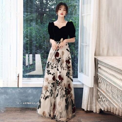 New Elegant V-Neck Evening Dress Flowers Embroidery A-Line Zipper Back Short Sleeves Floor-Length Woman Formal Party Gowns A814