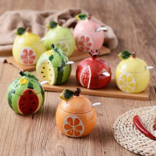 1 Pcs Cute Fruit Pomegranate Shape Condiment Bottle Creative Ceramic Seasoning Bottle Jar with Cover Spoon Flavouring Container