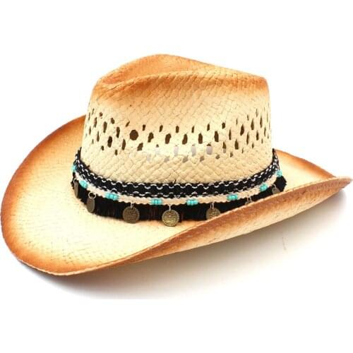 100% Women Men Western Cowboy Hat Witht Assel Ribbon Straw Lady Dad Beach Sun Sombrero Cap Mesh Cowgirl Jazz Hat Size 58CM