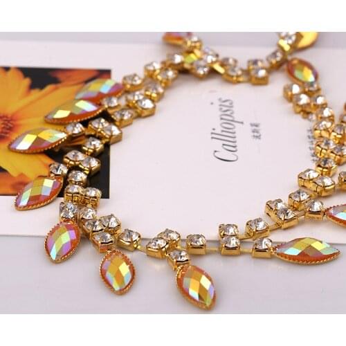2yards Crystal Sew on Gold Base Dress Decoration Trim Applique oval Glass Rhinestone Cup Chain