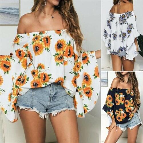 2021 Summer New Sexy Strapless Chiffon Floral Print Blouse Bohemian Vacation Beach Trumpet Sleeve Loose Top