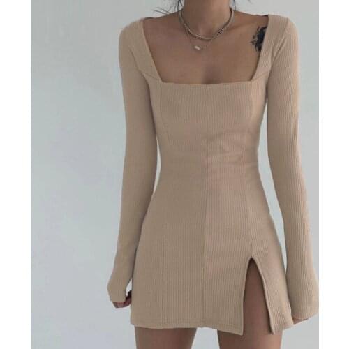 2021New Korean Sexy Split Side Solid Mini Dress Women Square Collar Ribbed Casual Short Dresses Ladies Long Sleeve Bodycon Dress