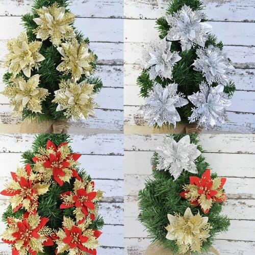 3/5/10Pcs 14cm Christmas Decoration Flowers Glitter Artificial Flower Head Wedding Party DIY Christmas Decor New Year Ornament