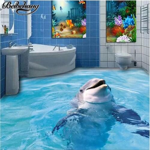 Beibehang Custom large 3D floor decoration painting 3D dolphin bathroom floor tiles decorative painting three-dimensional floor