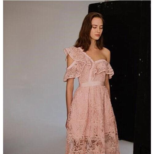 Pale Powder Pink Floral Mesh Lace Frill Midi Dress Asymmetric Ruffle Overlay Flounced Jacquard Embroidery Date Party Picnic Gown
