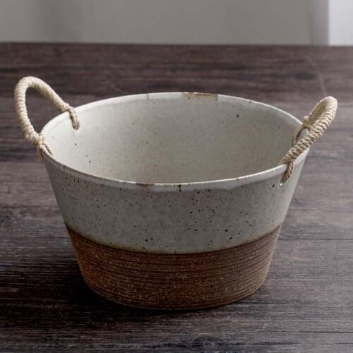Jingdezhen household Japanese-style stoneware bowl round bowl fruit bowl egg-beaten dessert bowl hemp rope handle ceramic tablew