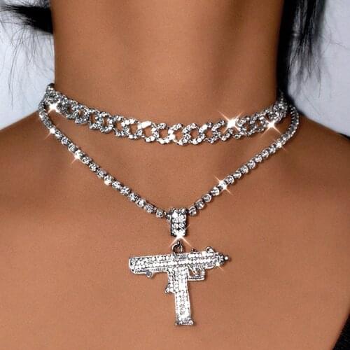 Flatfoosie Punk UZI Gun Pistol Crystal Pendant Necklace For Women Men Rapper Full Rhinestones Cuban Link Chain Necklace Jewelry