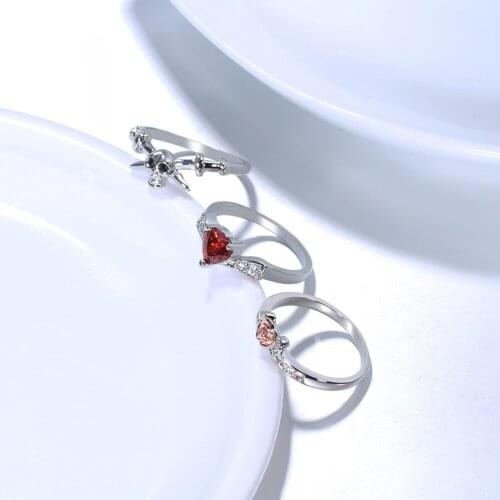 Hainon Silver Color 3pcs/Set Vintage Punk Skull Red Heart Cubic Zirconia Ring Sets for Women Rose Gold Color Flower Rose Rings
