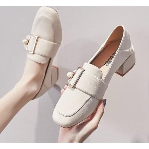JLFPGV Elegant Women Pumps Metal Buckle Loafers Fashion Pearl Ladies Shoes Comfortable PU Slip-on Mid Heel Women Office Shoes