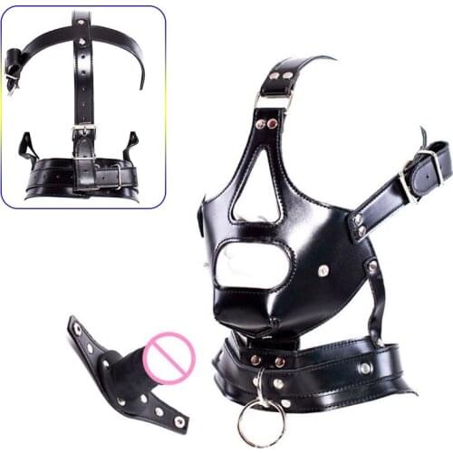 Leather Slave Head Bondage Collar Harness Restraint Half Face Hood Mask Silicone Penis Oral Sex Gag BDSM Cosplay Couples Sex Toy