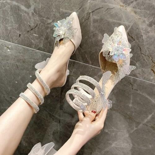 Summer new sweet style fashion snake-shaped rhinestone Baotou high heels Rome ladies high heels sexy temperament