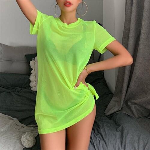 Summer Women Sexy Bikini Cover Up Swimwear Sheer Mesh Swimsuit Bathing Suit See Through Short Sleeve T-shirt Tops Beach Dress
