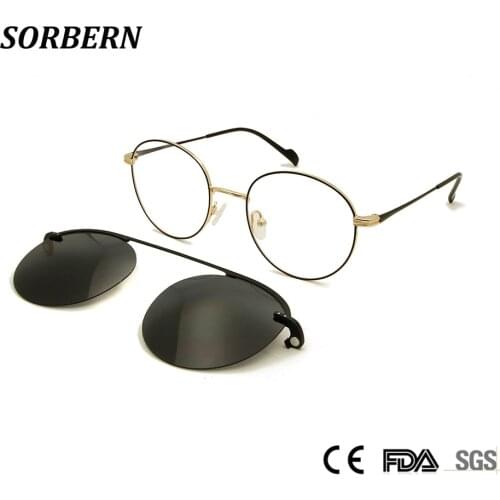 SORBERN Magnetic Eyeglass Frames With Clip On Sunglasses UV400 Glasses For Women Vintage Round Glasses Men Optical Frame Pilot