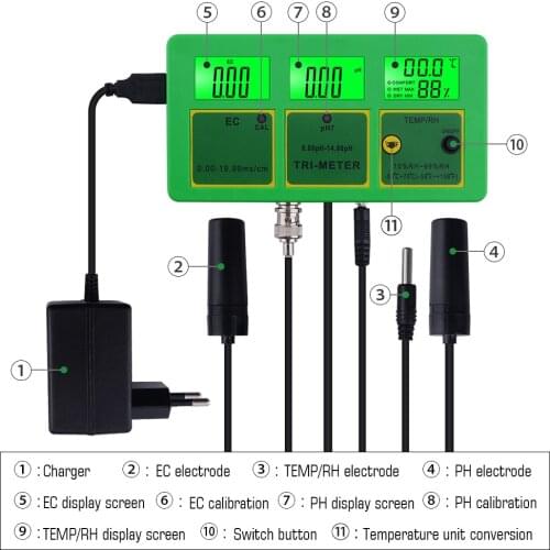 Multi-Parameter Water Tester 4 in 1 PH Meter Digital LCD MultiFunction Monitor PH/RH/EC/ TEMP Water Quality Testeing Meter Tool