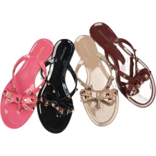 Fashion Summer Flip Flops Woman Rivets Women Sandals Bow knot Flat Slippers Girls Studded Cool Beach Slides Jelly Shoes 35-41